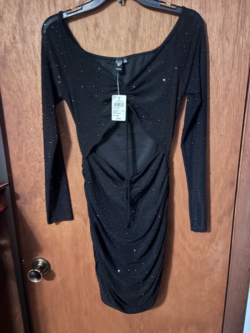 Windsor Black Long-Sleeve Sparkle Ruched Cutout Dress